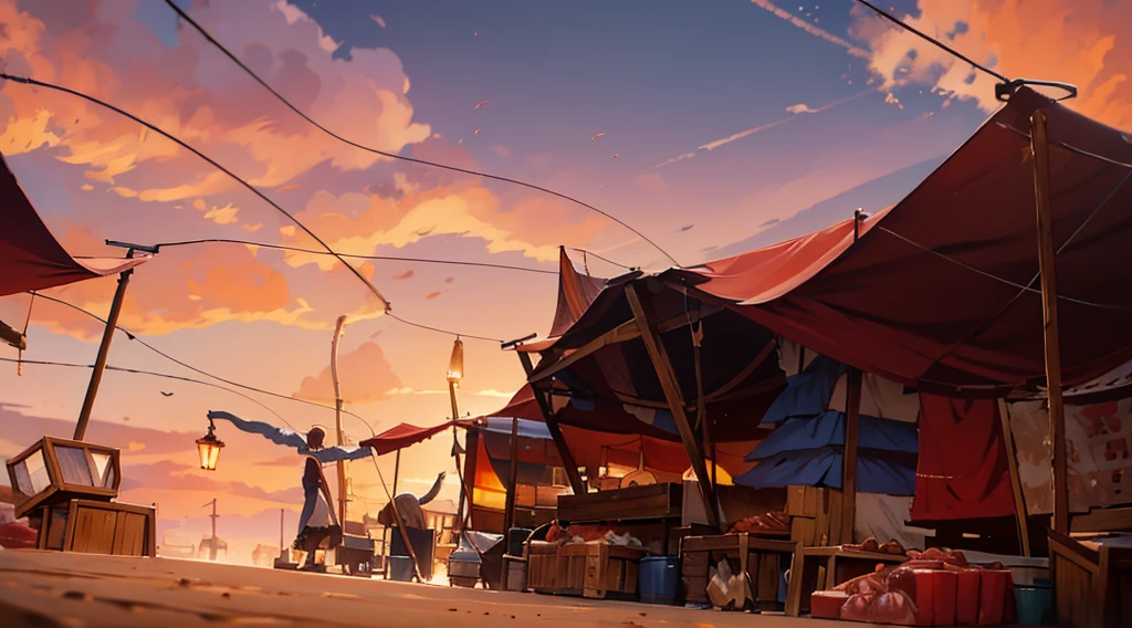 traditional market, market tents, butchery, (they sell human flesh, meats, bones), wooden table, wooden boxes, wooden basket, string, Street lamp, sand ground, dawn sky, dark morning,