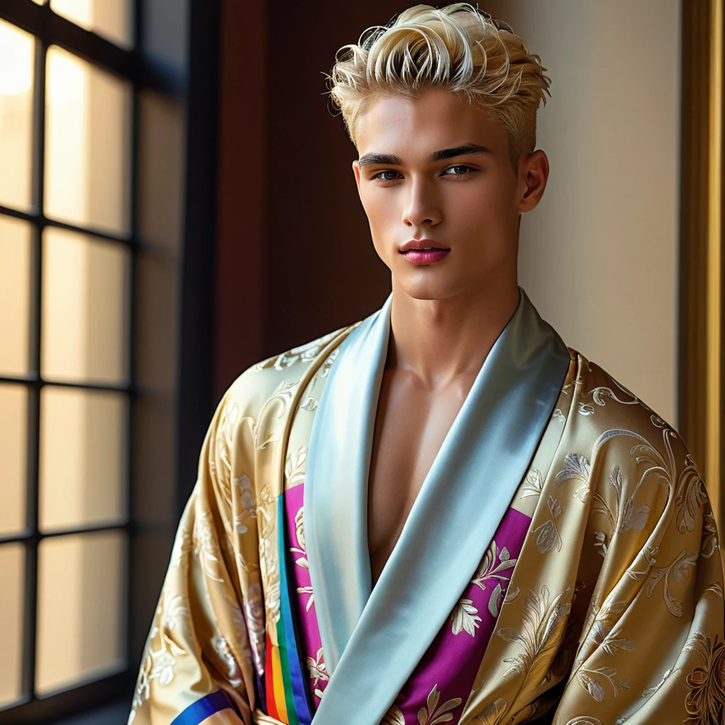 Candid Vogue fashion editorial photo of 2man, featuring a mixed male supermodel, aged 23 angel face like with an attractive and charming presence, short platinum blonde hair in an undercut hairstyle, masculine appearance with slender physique, small pectorals, symmetric face, natural olive skin tone exudes youthfulness and athleticism, he is very photogenic man, Position him against an ornate dark background featuring a framed floral painting to add depth and richness to the scene, (He wears an open luxurious white and rainbow patterned suit whit short pants), revealing a hint of his semi hard bulge, His expression is serene and slightly introspective, with a soft, confident gaze directed slightly off-camera, Utilize natural soft lighting streaming in from a window, casting gentle highlights and shadows that accentuate the contours of his face and the texture of his robe, The light creates a warm intimate atmosphere with a golden tone that enhances his skin and the robe, The interplay of light and shadow adds depth and dimension to the scene, slightly blurred focus background, bringing him into sharp clear detail while the rich tones of the background enhance the overall opulence of the image. Capture full-body short, dynamic angle, using a Canon EOS R7 and Sigma AF 85mm F1.4 EX DG HSM lens by Thomas Synnamon, Employ a shallow depth of field to focus closely on his face and body while softly blurring the background, Draw inspiration from high-fashion photographer, emphasize detail, texture and a sophisticated luxurious atmosphere, Emphasize the golden warm lighting and its effect on enhancing his features and the robe's rich textures, creating a visually captivating and elegant portrait that exudes warmth and sophistication, The overall mood blend the classical elegance of the modern, high-fashion aesthetic, producing an image that feels both timeless and contemporary, raw photo, masterpiece, best quality, Correct body structure, Correct photo distance, LGBTQ,