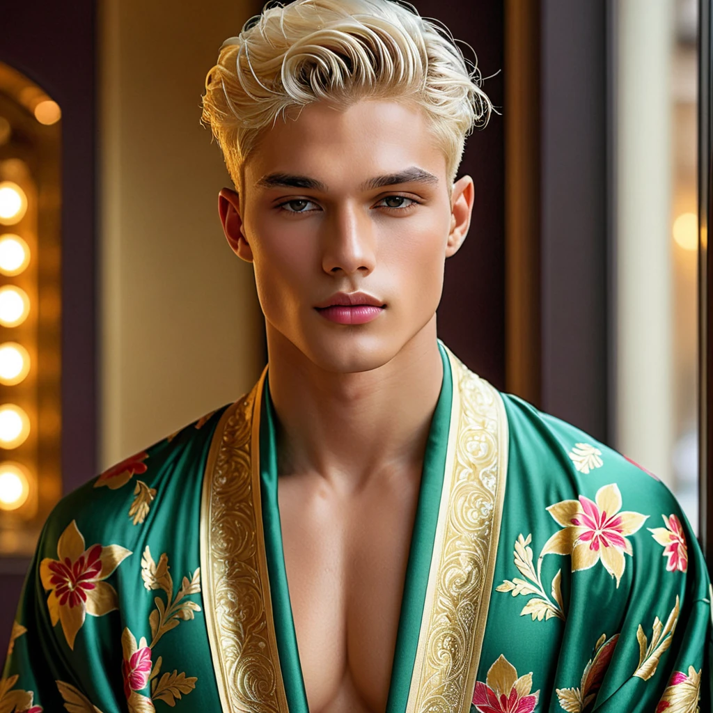 Candid Vogue fashion editorial photo of 2man, featuring a mixed male supermodel, aged 23 angel face like with an attractive and charming presence, short platinum blonde hair in an undercut hairstyle, masculine appearance with slender physique, small pectorals, symmetric face, natural olive skin tone exudes youthfulness and athleticism, he is very photogenic man, Position him against an ornate dark background featuring a framed floral painting to add depth and richness to the scene, (He wears an open luxurious white and rainbow patterned suit whit short pants), revealing a hint of his semi hard bulge, His expression is serene and slightly introspective, with a soft, confident gaze directed slightly off-camera, Utilize natural soft lighting streaming in from a window, casting gentle highlights and shadows that accentuate the contours of his face and the texture of his robe, The light creates a warm intimate atmosphere with a golden tone that enhances his skin and the robe, The interplay of light and shadow adds depth and dimension to the scene, slightly blurred focus background, bringing him into sharp clear detail while the rich tones of the background enhance the overall opulence of the image. Capture full-body short, dynamic angle, using a Canon EOS R7 and Sigma AF 85mm F1.4 EX DG HSM lens by Thomas Synnamon, Employ a shallow depth of field to focus closely on his face and body while softly blurring the background, Draw inspiration from high-fashion photographer, emphasize detail, texture and a sophisticated luxurious atmosphere, Emphasize the golden warm lighting and its effect on enhancing his features and the robe's rich textures, creating a visually captivating and elegant portrait that exudes warmth and sophistication, The overall mood blend the classical elegance of the modern, high-fashion aesthetic, producing an image that feels both timeless and contemporary, raw photo, masterpiece, best quality, Correct body structure, Correct photo distance, LGBTQ,
