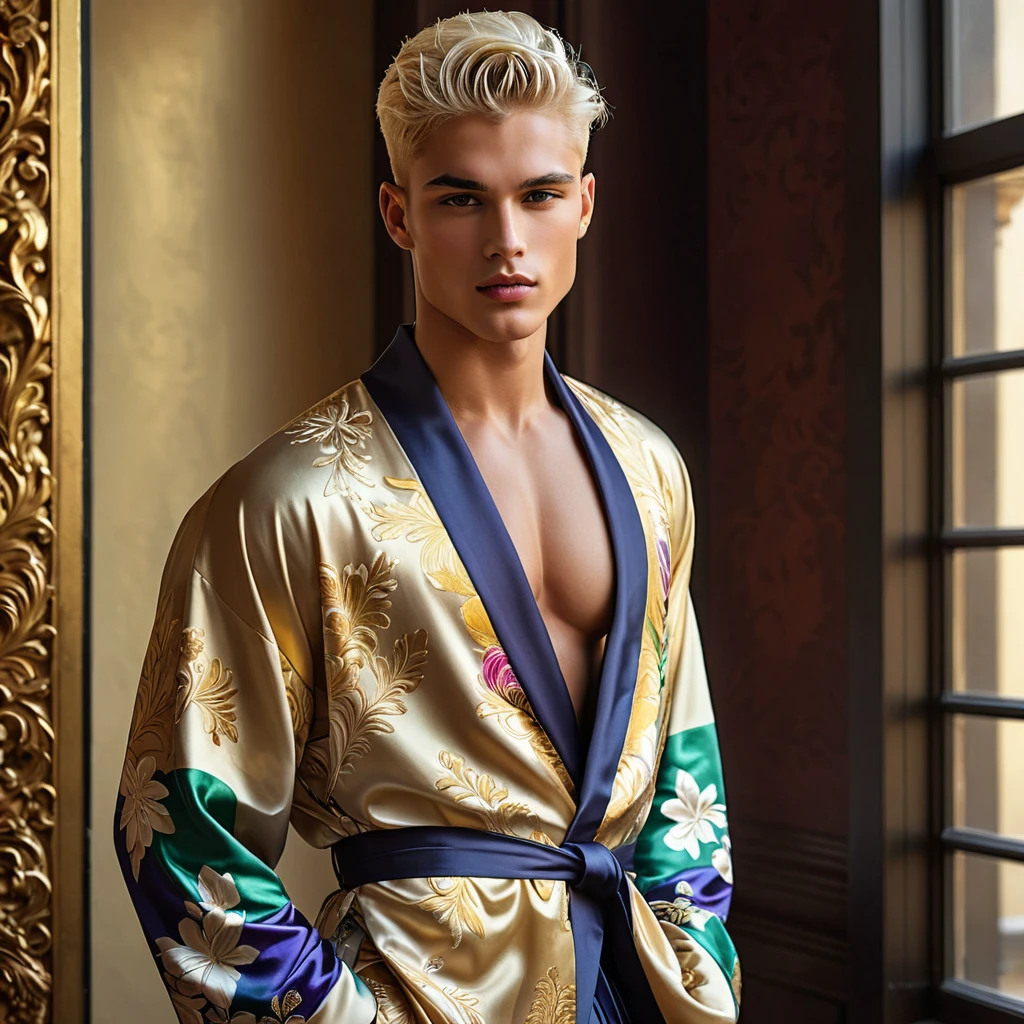 Candid Vogue fashion editorial photo of 2man, featuring a mixed male supermodel, aged 23 angel face like with an attractive and charming presence, short platinum blonde hair in an undercut hairstyle, masculine appearance with slender physique, small pectorals, symmetric face, natural olive skin tone exudes youthfulness and athleticism, he is very photogenic man, Position him against an ornate dark background featuring a framed floral painting to add depth and richness to the scene, (He wears an open luxurious white and rainbow patterned suit whit short pants), revealing a hint of his semi hard bulge, His expression is serene and slightly introspective, with a soft, confident gaze directed slightly off-camera, Utilize natural soft lighting streaming in from a window, casting gentle highlights and shadows that accentuate the contours of his face and the texture of his robe, The light creates a warm intimate atmosphere with a golden tone that enhances his skin and the robe, The interplay of light and shadow adds depth and dimension to the scene, slightly blurred focus background, bringing him into sharp clear detail while the rich tones of the background enhance the overall opulence of the image. Capture full-body short, dynamic angle, using a Canon EOS R7 and Sigma AF 85mm F1.4 EX DG HSM lens by Thomas Synnamon, Employ a shallow depth of field to focus closely on his face and body while softly blurring the background, Draw inspiration from high-fashion photographer, emphasize detail, texture and a sophisticated luxurious atmosphere, Emphasize the golden warm lighting and its effect on enhancing his features and the robe's rich textures, creating a visually captivating and elegant portrait that exudes warmth and sophistication, The overall mood blend the classical elegance of the modern, high-fashion aesthetic, producing an image that feels both timeless and contemporary, raw photo, masterpiece, best quality, Correct body structure, Correct photo distance, LGBTQ,