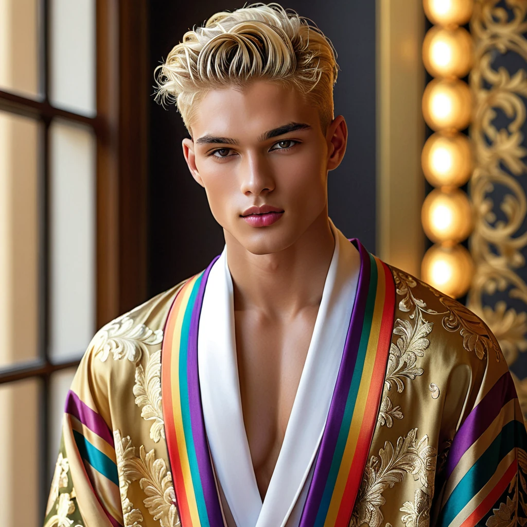 Candid Vogue fashion editorial photo of 2man, featuring a mixed male supermodel, aged 23 angel face like with an attractive and charming presence, short platinum blonde hair in an undercut hairstyle, masculine appearance with slender physique, small pectorals, symmetric face, natural olive skin tone exudes youthfulness and athleticism, he is very photogenic man, Position him against an ornate dark background featuring a framed floral painting to add depth and richness to the scene, (He wears an open luxurious white and rainbow patterned suit whit short pants), revealing a hint of his semi hard bulge, His expression is serene and slightly introspective, with a soft, confident gaze directed slightly off-camera, Utilize natural soft lighting streaming in from a window, casting gentle highlights and shadows that accentuate the contours of his face and the texture of his robe, The light creates a warm intimate atmosphere with a golden tone that enhances his skin and the robe, The interplay of light and shadow adds depth and dimension to the scene, slightly blurred focus background, bringing him into sharp clear detail while the rich tones of the background enhance the overall opulence of the image. Capture full-body short, dynamic angle, using a Canon EOS R7 and Sigma AF 85mm F1.4 EX DG HSM lens by Thomas Synnamon, Employ a shallow depth of field to focus closely on his face and body while softly blurring the background, Draw inspiration from high-fashion photographer, emphasize detail, texture and a sophisticated luxurious atmosphere, Emphasize the golden warm lighting and its effect on enhancing his features and the robe's rich textures, creating a visually captivating and elegant portrait that exudes warmth and sophistication, The overall mood blend the classical elegance of the modern, high-fashion aesthetic, producing an image that feels both timeless and contemporary, raw photo, masterpiece, best quality, Correct body structure, Correct photo distance, LGBTQ,