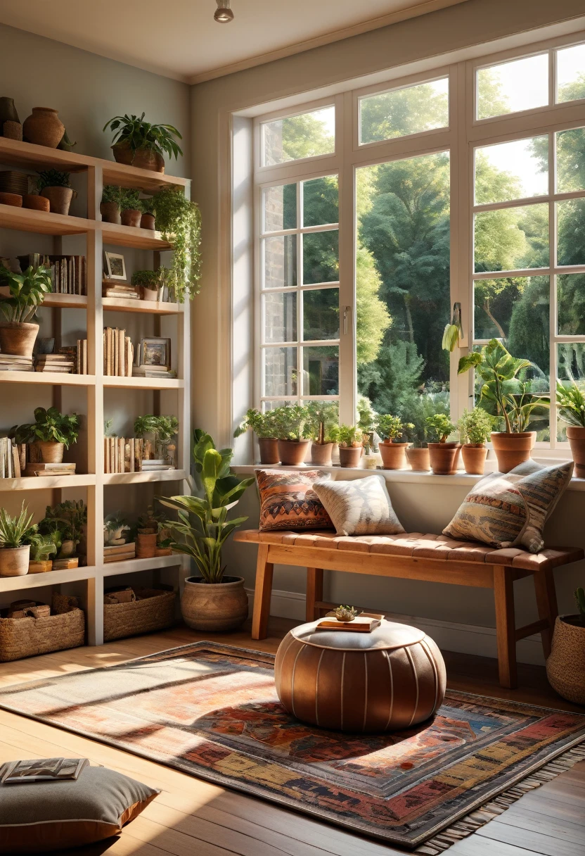 Create a hyper-realistic image of a cozy, sunlit room with a low wooden table and floor cushions. The room should have a large window letting in natural light, illuminating the space. Include elements such as potted plants, a patterned rug, and bookshelves filled with books and small decorative items. The window should offer a view of a lush garden outside. Use warm, inviting colors and soft lighting to enhance the cozy atmosphere. The overall scene should be serene and welcoming, capturing the essence of a peaceful and comfortable living space