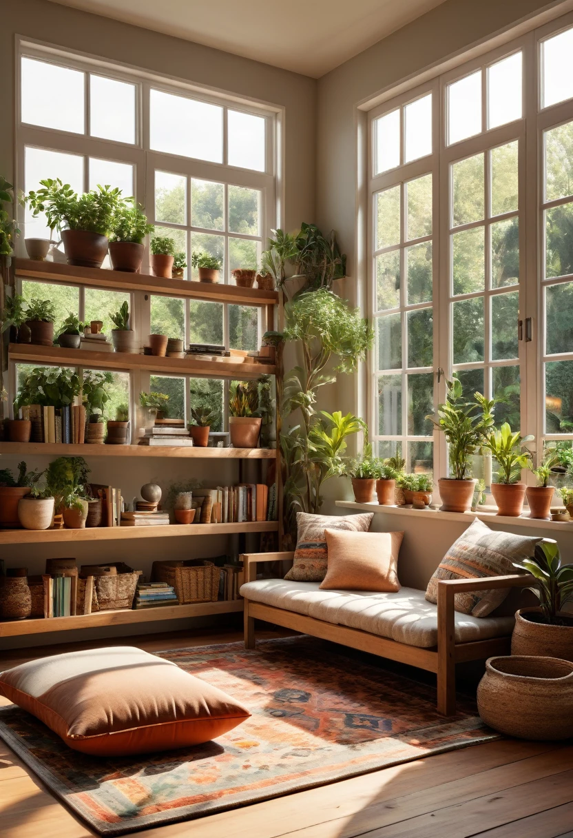Create a hyper-realistic image of a cozy, sunlit room with a low wooden table and floor cushions. The room should have a large window letting in natural light, illuminating the space. Include elements such as potted plants, a patterned rug, and bookshelves filled with books and small decorative items. The window should offer a view of a lush garden outside. Use warm, inviting colors and soft lighting to enhance the cozy atmosphere. The overall scene should be serene and welcoming, capturing the essence of a peaceful and comfortable living space