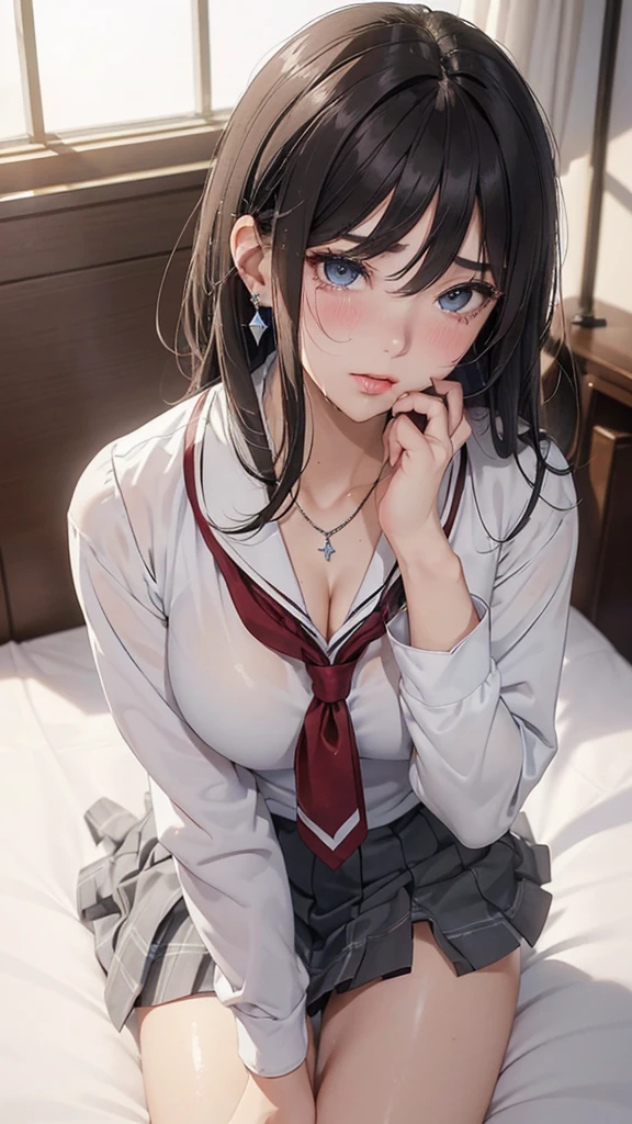 (masterpiece: 1.3), (Maximum resolution: 1.2), (Ultra High Definition TV: 1.2), Cinematic Light, 8K resolution, Detailed facial features , (Sharp focus: 1.2), (Focus on the face:1.2),Perfect Style, Beautiful Face, Acura, Anatomically correct, Highly detailed face and skin texture, Beautiful Eyes,Beautiful Eyes, Thin eyebrows, Glitter Eyeliner: 1 Natural Cheeks, Glowing Skin, Fair skin: 1.2, (Glossy Lips: 1.4),、 (Embarrassed look: 1.2),Highly detailed face and skin texture, Natural Cheeks, , Glossy Lips: 1.4,Perfect Style、Cleavage、Soft Breasts、(White mucus on chest:1.4)(White mucus on thighs:1.2)、 blush、A humiliating look、Anxious expression、A look of humiliation、Embarrassed look、Glare、anger、sorrow、tears、Open your knees、Spread your legs、 White underwear、Sparkly little earrings and necklace、Disheveled clothes、White panties、sweating、Thin underwear、stockings、Year: 18-year-old, A clean-cut woman,1 person、 Upward-facing chest, Black brown hair、blonde、Silver Hair、Blue-gray eyes、Greenish-gray eyes、Bedroom、bed、(High School Uniform:1.4)、masturbation behavior、Masturbation、short hair、Semi-long hair、Wavy Hair、