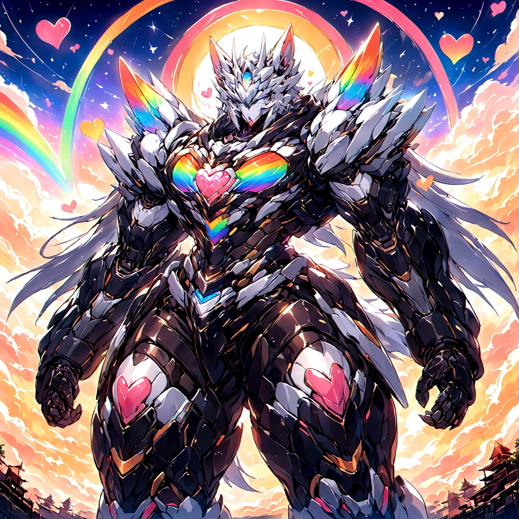 a cute adult male with wolf ears, long white hair, long locks, has a wolf tail, wearing a loose cropped black hoodie, wearing a pair of denim short shorts and fishnet stockings, thick thighs, wide hips, relaxing on mound of fluffy multi colored kawaii plushies, short, very slim, showing slender tummy, heart on hoodie, squishy thighs, has glowing blue eyes. alone, solo (ALONE)(SOLO), surrounded by rainbows, colorful galaxy backround