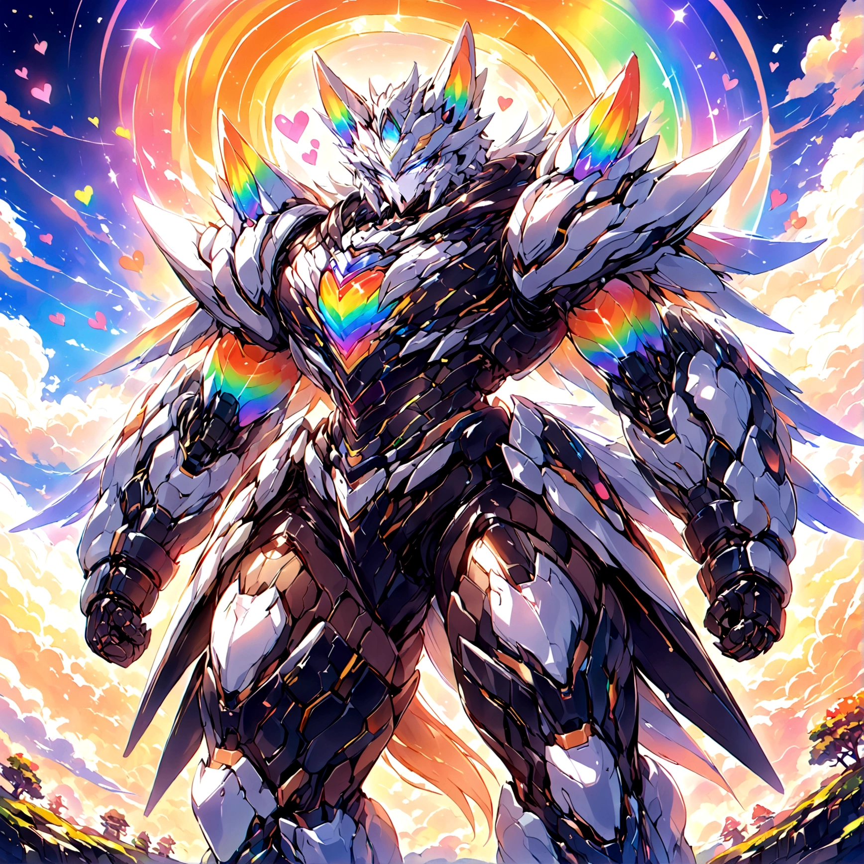 a cute adult male with wolf ears, long white hair, long locks, has a wolf tail, wearing a loose cropped black hoodie, wearing a pair of denim short shorts and fishnet stockings, thick thighs, wide hips, relaxing on mound of fluffy multi colored kawaii plushies, short, very slim, showing slender tummy, heart on hoodie, squishy thighs, has glowing blue eyes. alone, solo (ALONE)(SOLO), surrounded by rainbows, colorful galaxy backround