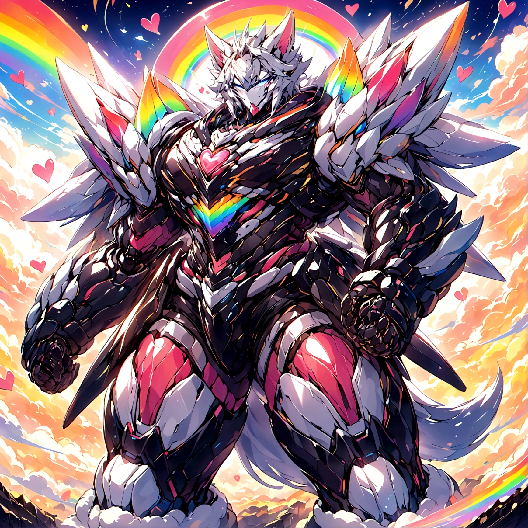 a cute adult male with wolf ears, long white hair, long locks, has a wolf tail, wearing a loose cropped black hoodie, wearing a pair of denim short shorts and fishnet stockings, thick thighs, wide hips, relaxing on mound of fluffy multi colored kawaii plushies, short, very slim, showing slender tummy, heart on hoodie, squishy thighs, has glowing blue eyes. alone, solo (ALONE)(SOLO), surrounded by rainbows, colorful galaxy backround