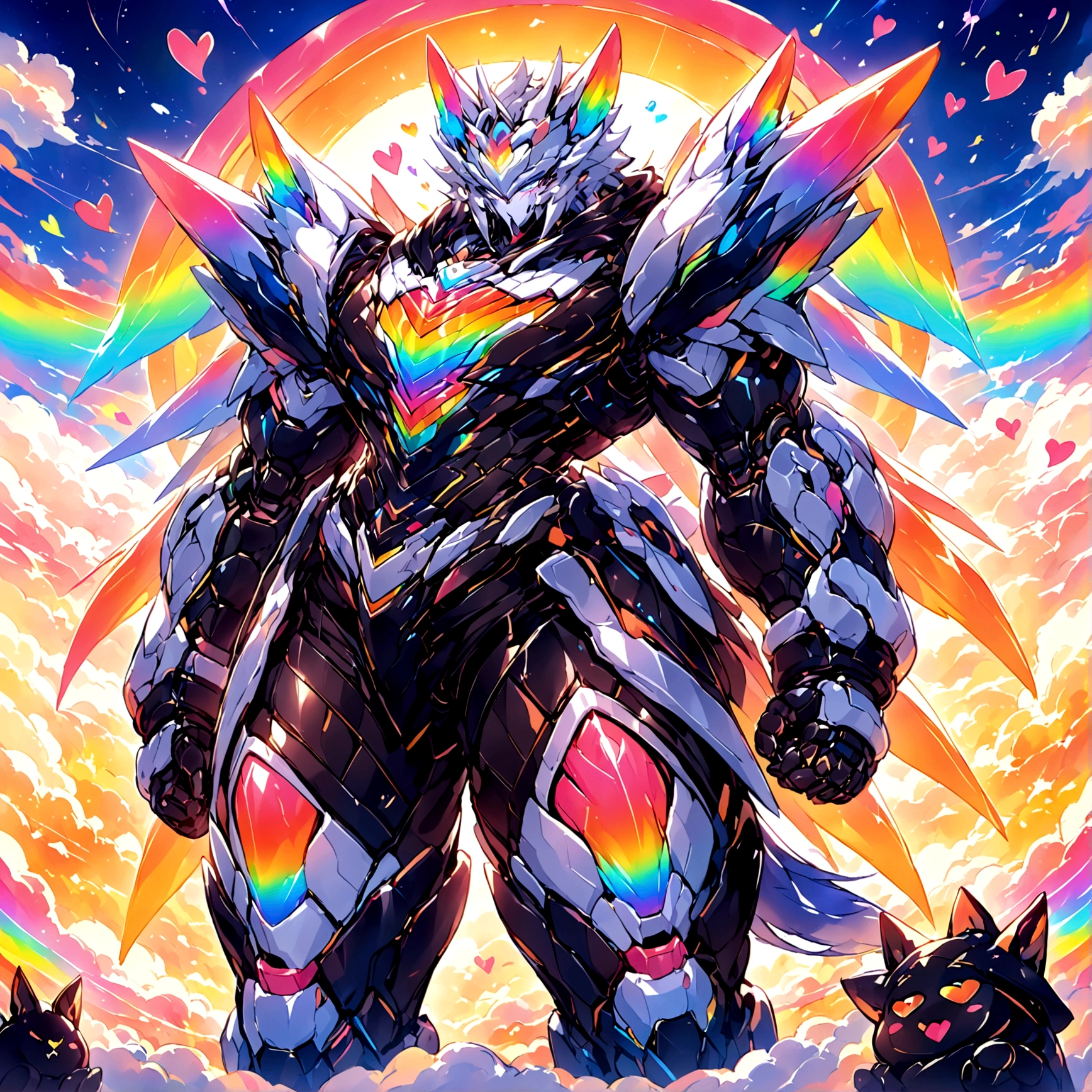 a cute adult male with wolf ears, long white hair, long locks, has a wolf tail, wearing a loose cropped black hoodie, wearing a pair of denim short shorts and fishnet stockings, thick thighs, wide hips, relaxing on mound of fluffy multi colored kawaii plushies, short, very slim, showing slender tummy, heart on hoodie, squishy thighs, has glowing blue eyes. alone, solo (ALONE)(SOLO), surrounded by rainbows, colorful galaxy backround