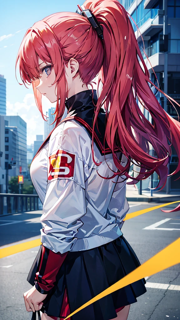 profile background, anime girl, serious face, ponytail, long red hair, blush, eyes yellow, student clothing, high-res portrait, detailed eyes and face, character, fantasy, advanced urban, looking from behind at viewer, 4K, high resolution