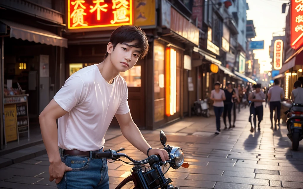 In the midst of a city at dusk, a young Chinese boy stands on a cobblestone street, bathed in the warm, orange glow of the setting sun. The sky behind him is painted with hues of pink and orange, casting a dreamlike filter over the scene.

His hair is straight and natural, with bangs softly brushed by a gentle breeze. His face is youthful and clean-shaven, exuding an innocent charm. He wears a simple white T-shirt that clings to his muscular frame, highlighting his well-defined pecs and strong muscles. His hands rest casually in the pockets of his jeans, conveying a relaxed and confident demeanor.

Behind him, the lively street is lined with shops and neon lights that twinkle in various colors. People hustle and bustle, but he seems detached from the commotion. His gaze is soft and contemplative, fixed on the distant horizon, as if lost in thought. A faint smile plays on his lips, though his eyes reveal a hint of sadness and nostalgia.