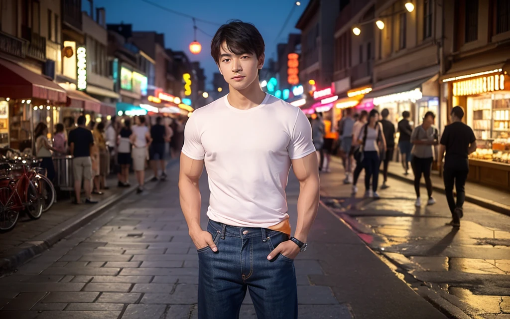 In the midst of a city at dusk, a young Chinese boy stands on a cobblestone street, bathed in the warm, orange glow of the setting sun. The sky behind him is painted with hues of pink and orange, casting a dreamlike filter over the scene.

His hair is straight and natural, with bangs softly brushed by a gentle breeze. His face is youthful and clean-shaven, exuding an innocent charm. He wears a simple white T-shirt that clings to his muscular frame, highlighting his well-defined pecs and strong muscles. His hands rest casually in the pockets of his jeans, conveying a relaxed and confident demeanor.

Behind him, the lively street is lined with shops and neon lights that twinkle in various colors. People hustle and bustle, but he seems detached from the commotion. His gaze is soft and contemplative, fixed on the distant horizon, as if lost in thought. A faint smile plays on his lips, though his eyes reveal a hint of sadness and nostalgia.