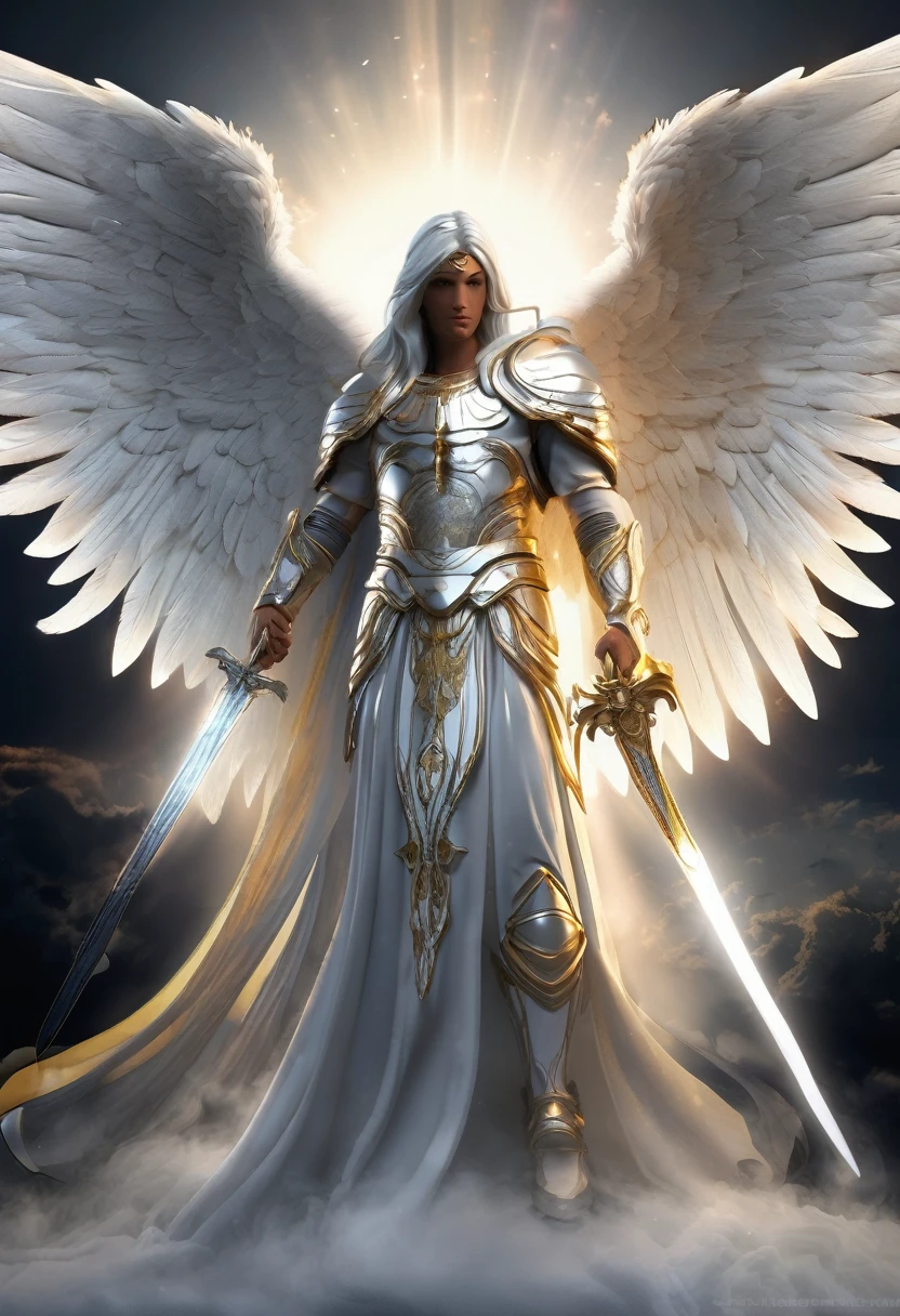 A vectorial picture of the majestic figure of Archangel Michael cloaked in porcelain-white armor pulsating with ethereal light, who is Arched over in a charred battlefield of eternity. With complete mighty wings outstretched, with his sword gleaming, cleaving through the darkness. Fierce determination fills his otherworldly eyes as he symbolizes the untiring spirit of cosmic justice, a beacon of hope for all realms. there are 3 spheres of light near the archangel. digital art, black background, realistic white wings, epic white wings, huge powerful wings, gigantic wings, white feathered wings, massive wings, expansive wings, dramatic wings, detailed wings, intricate wings, impressive wings, imposing wings, majestic wings, magnificent wings, grand wings, heroic wings, powerful wings, stunning wings, breathtaking wings, awe-inspiring wings, masterfully rendered wings, best quality, 8K, highres, ultra-detailed, hyperrealistic, dramatic lighting, dark moody lighting, dark background, black background, cinematic, digital art, vector art, t-shirt art