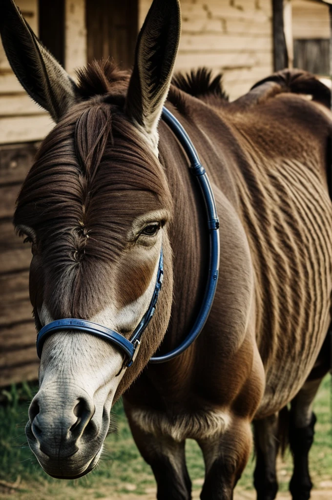 Photo of a donkey with human characteristics and robotic parts looking forward