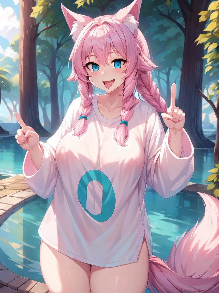 (Masterpiece) (High Detail) (High Res) a short humanoid girl with pale human skin, bright turquoise-coloured eyes, long pink hair in a braid and large fluffy pink dog ears and a big fluffy pink dog tail and average breasts wearing just a baggy oversized white t-shirt and holding up a peace sign to the viewer, and poking out her tongue. Pink Hair. Pink Tail.