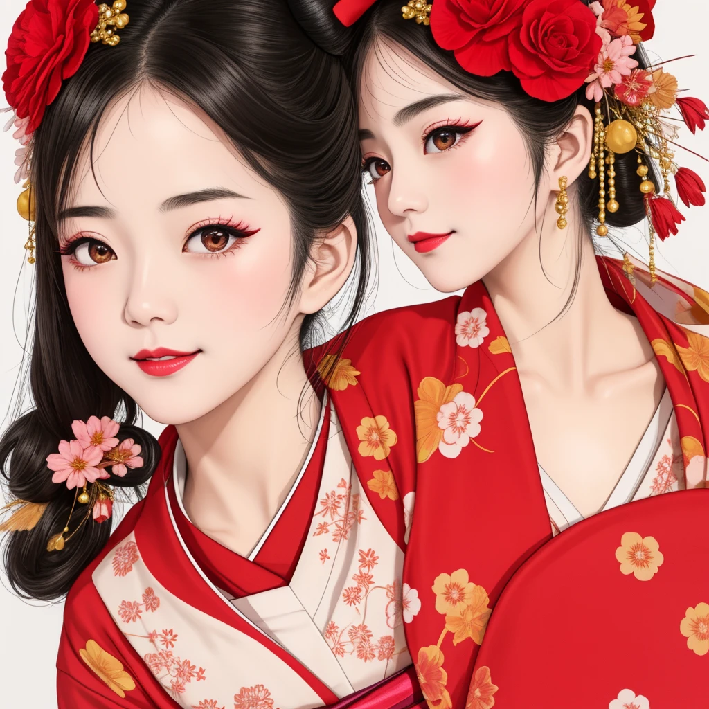 7 sisters, 7 girls with different faces and expressions, dancing gracefully, small faces, top quality, masterpieces, black hair, bun hair, wide angle, diagonally above the waist, magazine cover pose, 8K high resolution, Masterpiece, high resolution, realistic and beautiful light and shadow, top quality, high resolution, very delicate and beautiful, beautiful 8K face, smile and smile. Seven beautiful Japanese girls with eyes, transparent skin, soft hair, eight heads, Japanese style kimonos with red, pink and orange floral patterns on a white background, yukatas, small faces, thin and small noses, red lipstick , glossy skin, very thin eyebrows, overall super high resolution, Maiko-style makeup, fair skin, long and beautiful eyelashes, glossy skin, red cheeks, holding a flower hat prop in one hand, dance, Kasa Odori, Kasanihi Odori, Japan Dance, festival, movie poster style