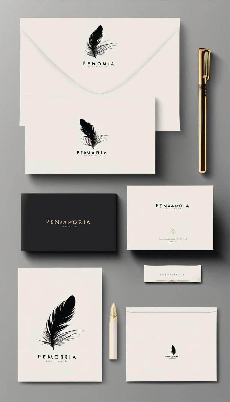 A minimal, modern, simple, cinematic logo design for the brand “Penamemoria". Create a modern, minimalistic, high-quality, logo of a bird feather