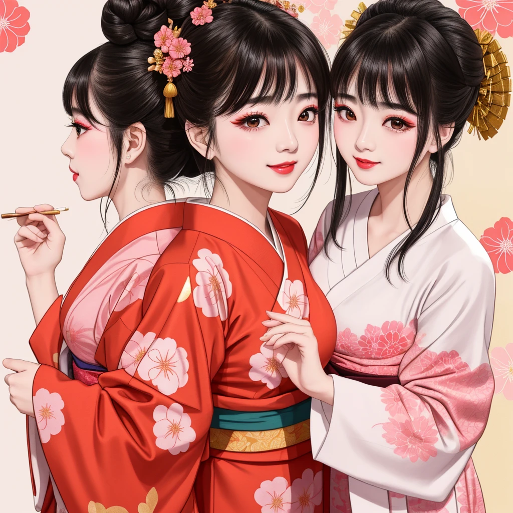 Each has a different expression2People and sisters、(2 girls)、⦅Dancing traditional arts with grace)、((Big Breasts、Small Face、Not exposed))、Highest quality、masterpiece、(Black Hair、Bun Hair)、Brown Eyes、⦅Wide angle、Angle from above the waist、雑誌の表紙のPause、Their gazes are different, gazing into the distance⦆、(8K High Quality、masterpiece、High resolution、Realistic and beautiful light and shadow、(Highest quality)、(High Resolution)、(Very delicate and beautiful)、(Beautiful 8k face)、(With a smile、Beautiful eyes)、(Clear skin)、(Soft hair)、(8Head to Body)、(A Japanese style yukata kimono with red, pink and orange floral patterns on a white background, interspersed with gold powder、Wearing a yukata2Beautiful Japanese girls)、((Tanabata decoration background))、((Small Face))、(arms up)、Thin and small nose、(Red lipstick)、(Make your cheeks red)、(Glossy skin)、((Ink painting style))、Very thin eyebrows、Overall ultra-high image quality、(She is wearing maiko-style makeup.)、Whitening、Long and beautiful eyelashes、Glowing Skin、(Red cheeks),Straight nose、masterpiece、Highest quality、whole body、 Eyebrows visible through hair、Bun Hair、Grin、Gal、コGal、Viewer's Eyes、Plaid、Stylish、woman、fine、Pause、
Waiting to start