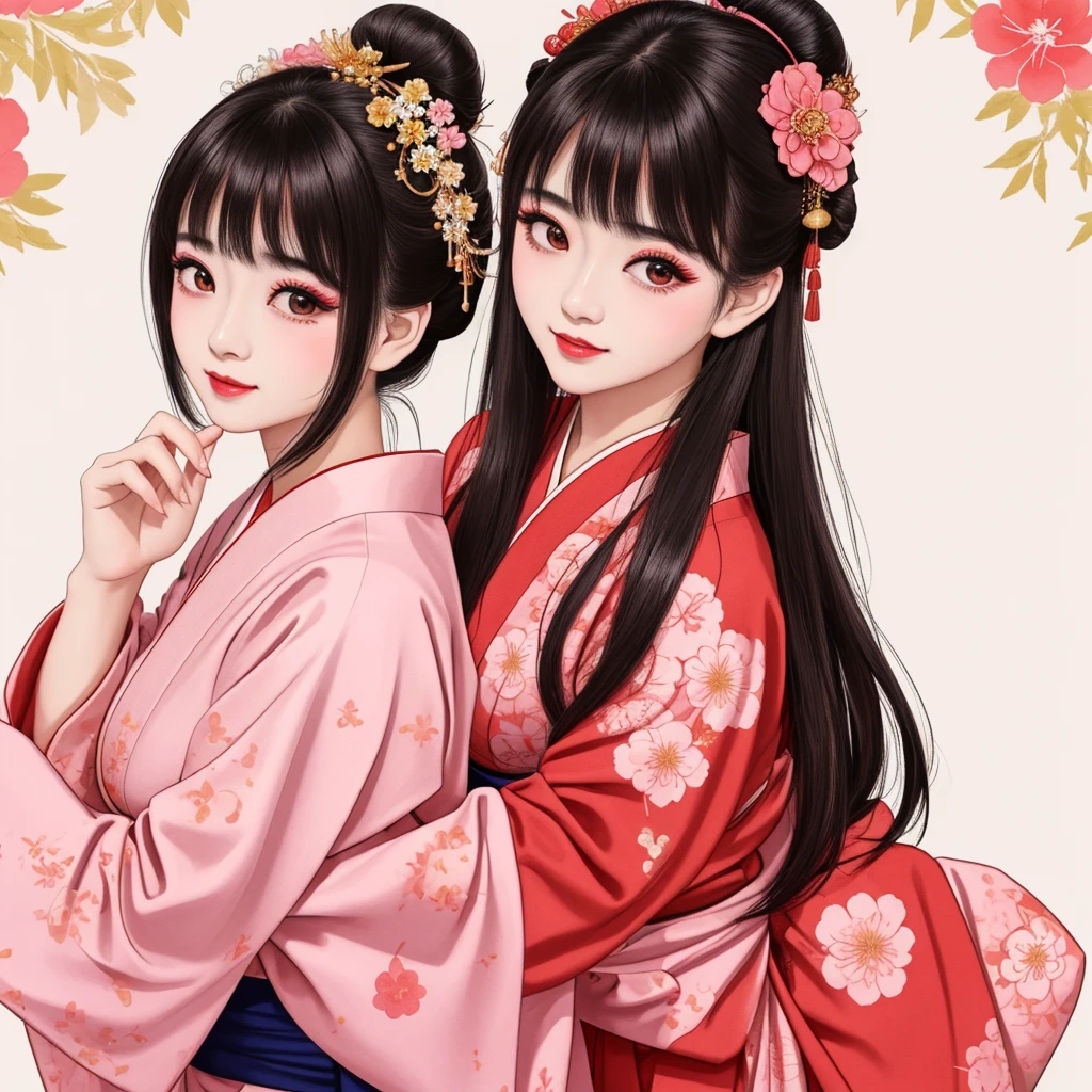 Each has a different expression２People and sisters、(２ girls）、｟Dancing traditional arts with grace)、((Big Breasts、Small Face、Not ))、Highest quality、masterpiece、（Black Hair、Bun Hair）、Brown Eyes、｟Wide angle、Angle from above the waist、雑誌の表紙のPause、Their gazes are different, gazing into the distance｠、(８K High Quality、masterpiece、High resolution、Realistic and beautiful light and shadow、(Highest quality)、(High Resolution)、(Very delicate and beautiful)、(Beautiful 8k face)、(With a smile、Beautiful eyes)、(Clear skin)、(Soft hair)、(８Head to Body)、(A Japanese style yukata kimono with red, pink and orange floral patterns on a white background, interspersed with gold powder、Wearing a yukata２Beautiful Japanese girls)、((Tanabata decoration background))、((Small Face))、(arms up)、Thin and small nose、（Red lipstick）、（Make your cheeks red）、（Glossy skin）、((Ink painting style))、Very thin eyebrows、Overall ultra-high image quality、（She is wearing maiko-style makeup.）、Whitening、Long and beautiful eyelashes、Glowing Skin、（Red cheeks）,Straight nose、masterpiece、Highest quality、whole body、 Eyebrows visible through hair、Bun Hair、Grin、Gal、コGal、Viewer's Eyes、Plaid、Stylish、woman、fine、Pause、
Waiting to start 
