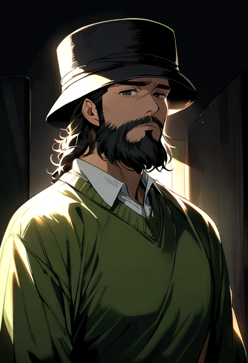 40 year old man, long and slightly curly black hair shoulder length, dull black eyes, bearded hat, green two-piece sweater, white shirt inside. 
