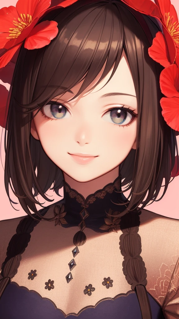 Masterpiece, best quality, (detailed background), high contrast, 1 girl, highly detailed face, wide shot portrait, smiling face, magnificent dress, looking to the sky, flower background, clean line drawings,