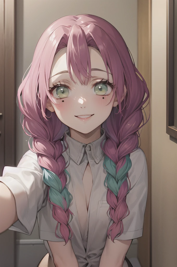 masterpiece, best quality, ultra-detailed, Potrait of beautiful MitsuruDS, solo, smile, looking_at_viewer, blush, closed_mouth, portrait, volumetric lighting, best quality, masterpiece, intricate details, tonemapping, sharp focus, hyper detailed, trending on Artstation, twin braids, pink hair, green hair, thick thighs, thin waist,hot spring,night time ,water droplets in her body,facing camera ,nude, (adult girl), (milf), 20 years old women,(1women))