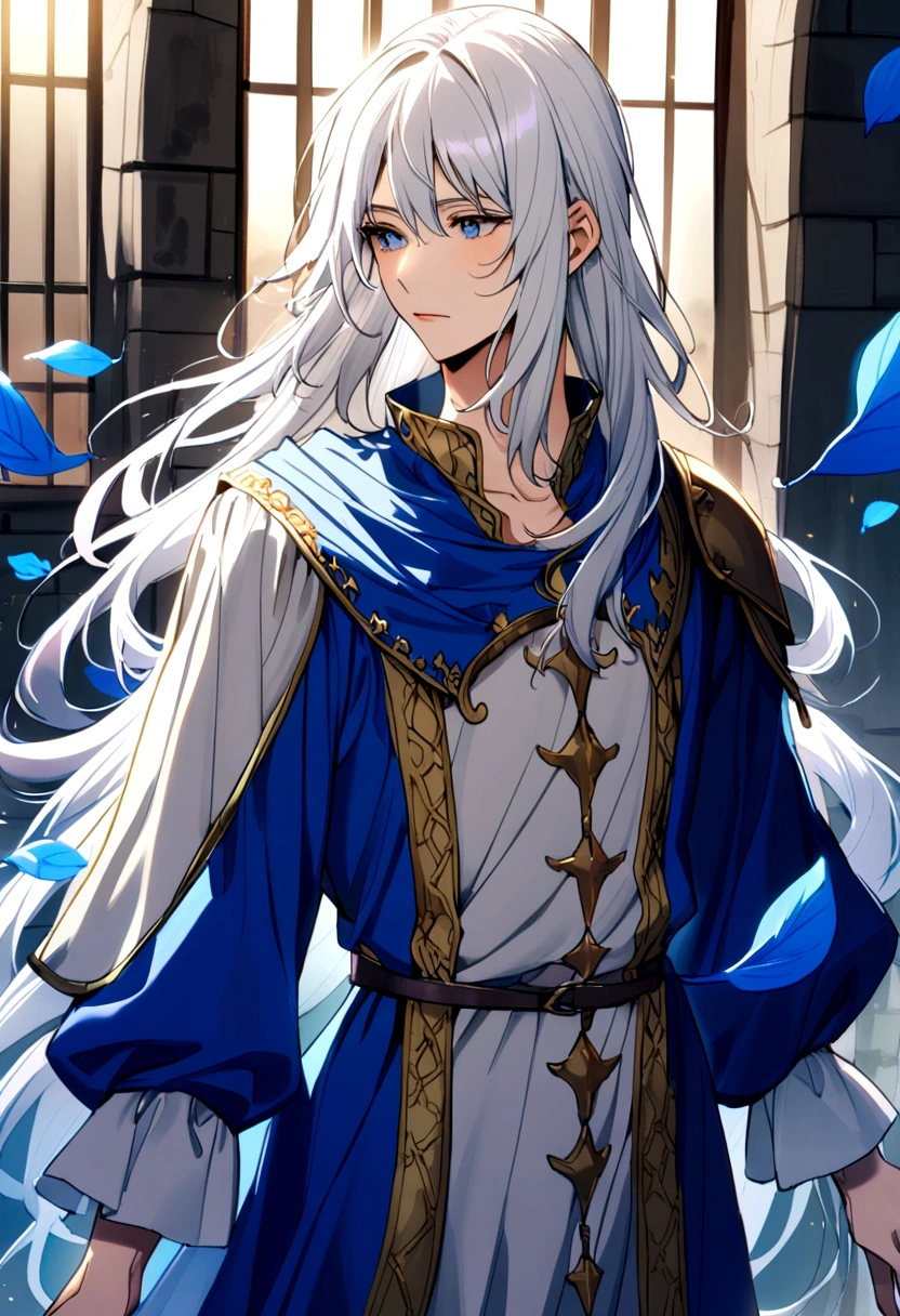 25 year old man shoulder length white hair, blue leaves, with medieval shirt