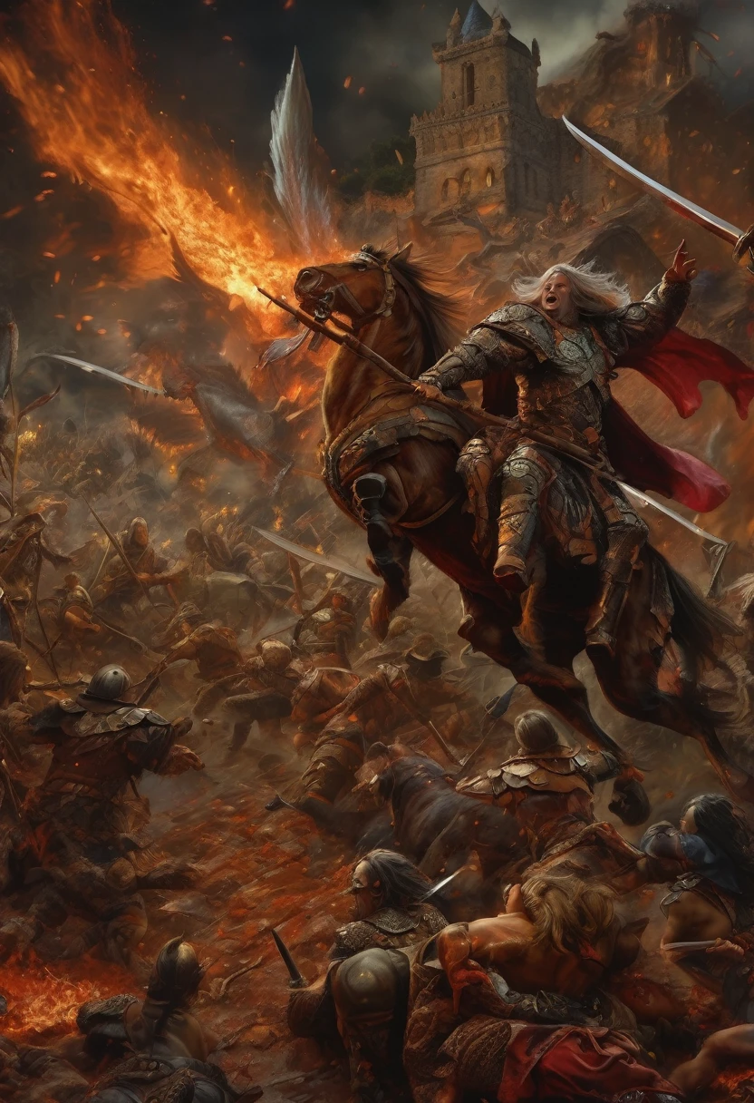 (Award-winning masterpiece:1.5), (incredible detail), (hyper realistic:1.4), (whole body:1.7), (witches defending their village), (brutal creature roaring in fury), (intense battle scene), (detailed depiction of enchanted armor and weapons), (blood-stained ground), (dramatic lighting), (intricate details:1.1)