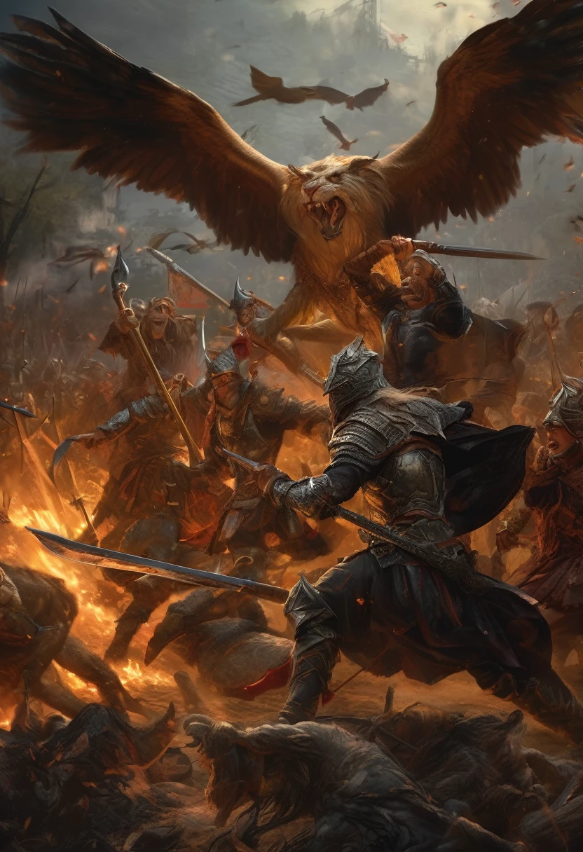 (Award-winning masterpiece:1.5), (incredible detail), (hyper realistic:1.4), (whole body:1.7), (witches defending their village), (brutal creature roaring in fury), (intense battle scene), (detailed depiction of enchanted armor and weapons), (blood-stained ground), (dramatic lighting), (intricate details:1.1)