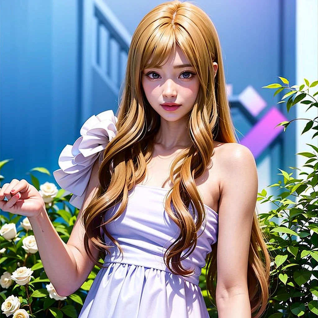 a age girl with a small smile, long curly blonde hair and elongated violet eyes like those of an Asian. wearing a white and violet dress and holding a rose in her hand.