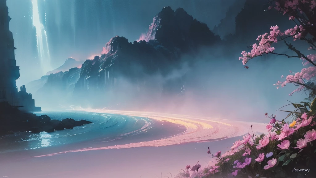 32k, Masterpiece, Highest quality, One girl, Detailed eyes, flower,Alstroemeria, Pink and light blue style,A dreamy, romantic piece,Pale yellow, Mysterious Leaves,A playful arrangement,Fantasy,High Contrast,Ink strokes,explosion,Exposure, Impression of pink and light blue tones,Abstract,((Watercolours by John Berkey and Jeremy Mann )) Brush strokes,Negative Space, Tyndall effect,