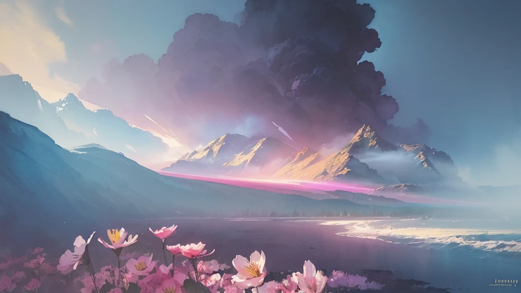 32k, Masterpiece, Highest quality, One girl, Detailed eyes, flower,Alstroemeria, Pink and light blue style,A dreamy, romantic piece,Pale yellow, Mysterious Leaves,A playful arrangement,Fantasy,High Contrast,Ink strokes,explosion,Exposure, Impression of pink and light blue tones,Abstract,((Watercolours by John Berkey and Jeremy Mann )) Brush strokes,Negative Space, Tyndall effect,