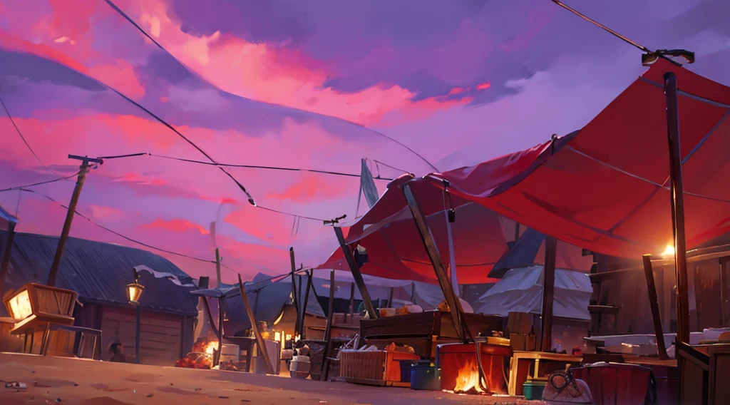 traditional market, market tents, butchery, (they sell human flesh, meats, bones), wooden table, wooden boxes, wooden basket, string, Street lamp, sand ground, dawn sky, dark morning,