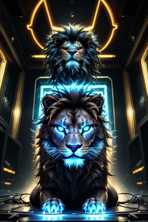 a cyberpunk humanoid lion, futuristic cyborg lion, mechanical lion, metal lion, robotic feline, intricate machinery, glowing eyes, neon lights,  , dark moody atmosphere, dynamic composition, cinematic lighting, vibrant colors, digital art, 8k, high quality, masterpiece, photorealistic