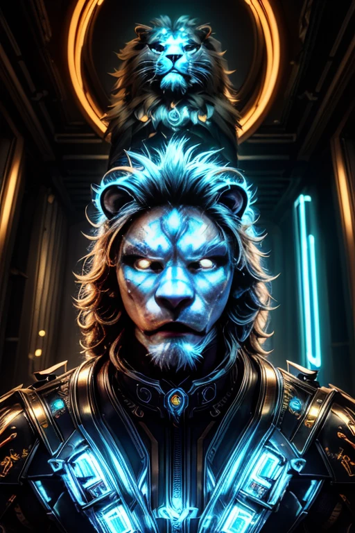 a cyberpunk humanoid lion, futuristic cyborg lion, mechanical lion, metal lion, robotic feline, intricate machinery, glowing eyes, neon lights, , dark moody atmosphere, dynamic composition, cinematic lighting, vibrant colors, digital art, 8k, high quality, masterpiece, photorealistic
