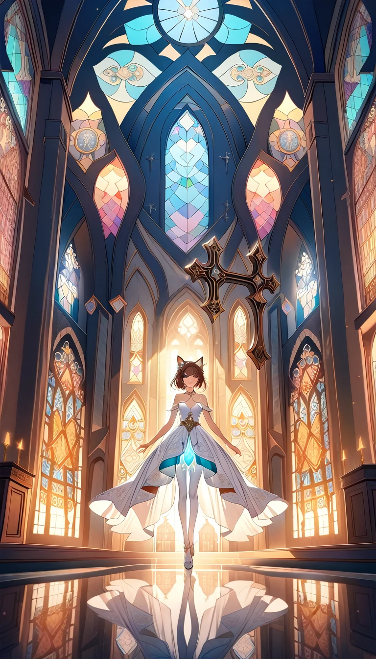 1girl ,20s,brown hair,short hair,white high heels,white pantyhose,cat ears,church, stained glass, in a glowing dress, fantastical, illuminated, serene, majestic, colorful, reflective, ethereal, spiritual, tranquil, vibrant, intricate, patterned, ornate, mystical, elegant, shimmering, radiant, graceful, peaceful, historic, sacred, artistic, dreamy, whimsical, solemn, enchanting, divine, holding a crucifix with both hands