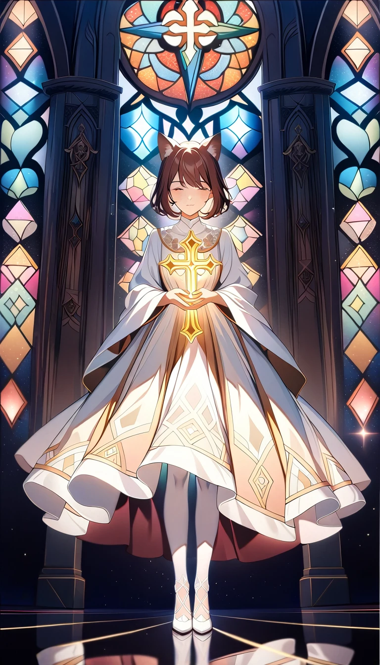 1girl ,20s,brown hair,short hair,white high heels,white pantyhose,cat ears,church, stained glass, in a glowing dress, fantastical, illuminated, serene, majestic, colorful, reflective, ethereal, spiritual, tranquil, vibrant, intricate, patterned, ornate, mystical, elegant, shimmering, radiant, graceful, peaceful, historic, sacred, artistic, dreamy, whimsical, solemn, enchanting, divine, holding a crucifix with both hands
