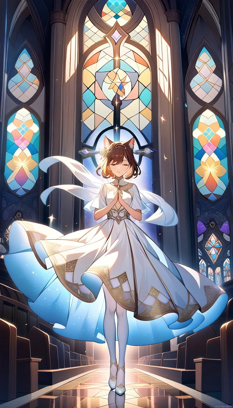 1girl ,20s,brown hair,short hair,white high heels,white pantyhose,cat ears,church, stained glass, in a glowing dress, fantastical, illuminated, serene, majestic, colorful, reflective, ethereal, spiritual, tranquil, vibrant, intricate, patterned, ornate, mystical, elegant, shimmering, radiant, graceful, peaceful, historic, sacred, artistic, dreamy, whimsical, solemn, enchanting, divine, holding a crucifix with both hands