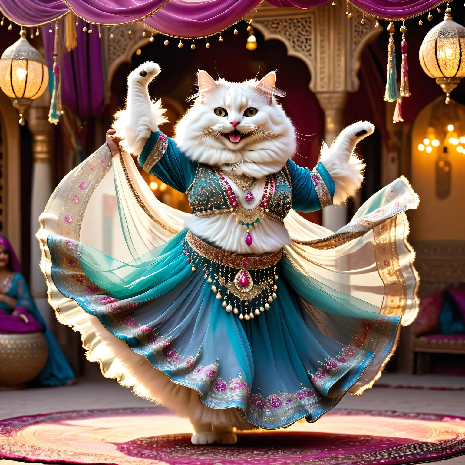 photorealistic portrait of Dressed animals - a ((fat)) ((angora cat)) dancer,(furry), (dynamic dancing:2.0), (swinging arms :2.0),(happy smile:1.5),high quality,(happy),(lovely) ,intricate details, (sheer veil), highly detailed (( gypsy belly dancing clothes)) ,highly detailed decorations of clothes, Wearing gypsy belly dancing clothes, , (happy), soft lighting,(full body image:1.5),Arabian palace background,(viewed from side:2.0),