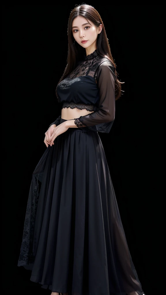 Black maxi skirt with lace  、Sheer blouse、(Highest quality)、((Very detailed))、4K、(8K)、masterpiece、Super detailed、Highest quality、Super Resolution、One person、Kind Face、Soft Light、Raw quality、Soft Skin、Heel、Thighs、163cm