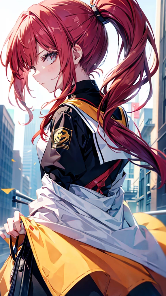 profile background, anime girl, serious face, ponytail, long red hair, blush, eyes yellow, student clothing, high-res portrait, detailed eyes and face, character, fantasy, advanced urban, looking from behind at viewer, 4K, high resolution