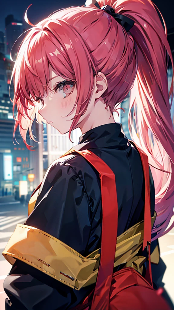 profile background, anime girl, serious face, ponytail, long red hair, blush, eyes yellow, student clothing, high-res portrait, detailed eyes and face, character, fantasy, advanced urban, looking from behind at viewer, 4K, high resolution