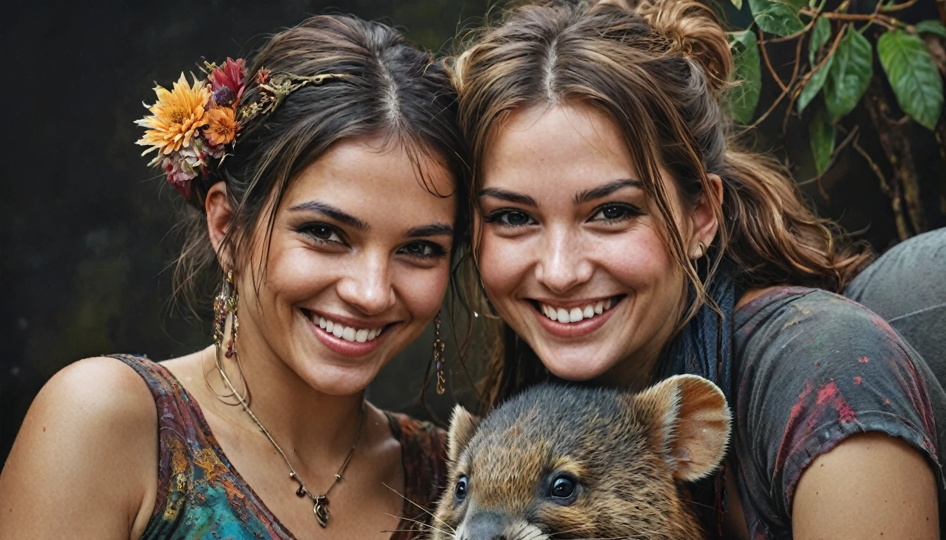 half body,
a woman smile with her best friend her Mandrillus,
dark complex background, style by Thomas Kinkade+David A. Hardy+Carne Griffiths+Mandy Disher half vivid colors fine art, best quality, high detailed, detailed faces, 2d,