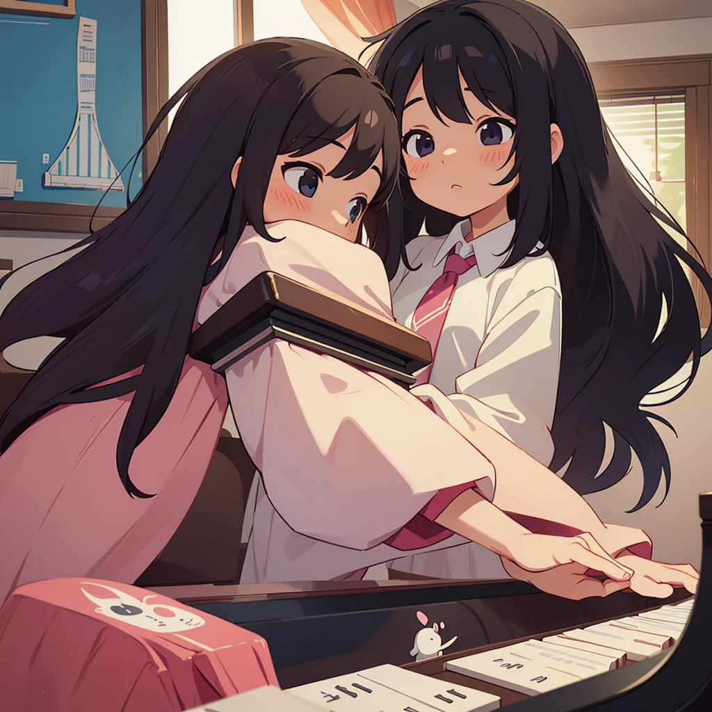 A third-grade elementary school girl practicing piano in her room. The girl has long hair. The girl has black hair. The girl is sitting on a chair and playing the piano. The girl is playing the piano happily. The piano keys are carefully and meticulously generated.