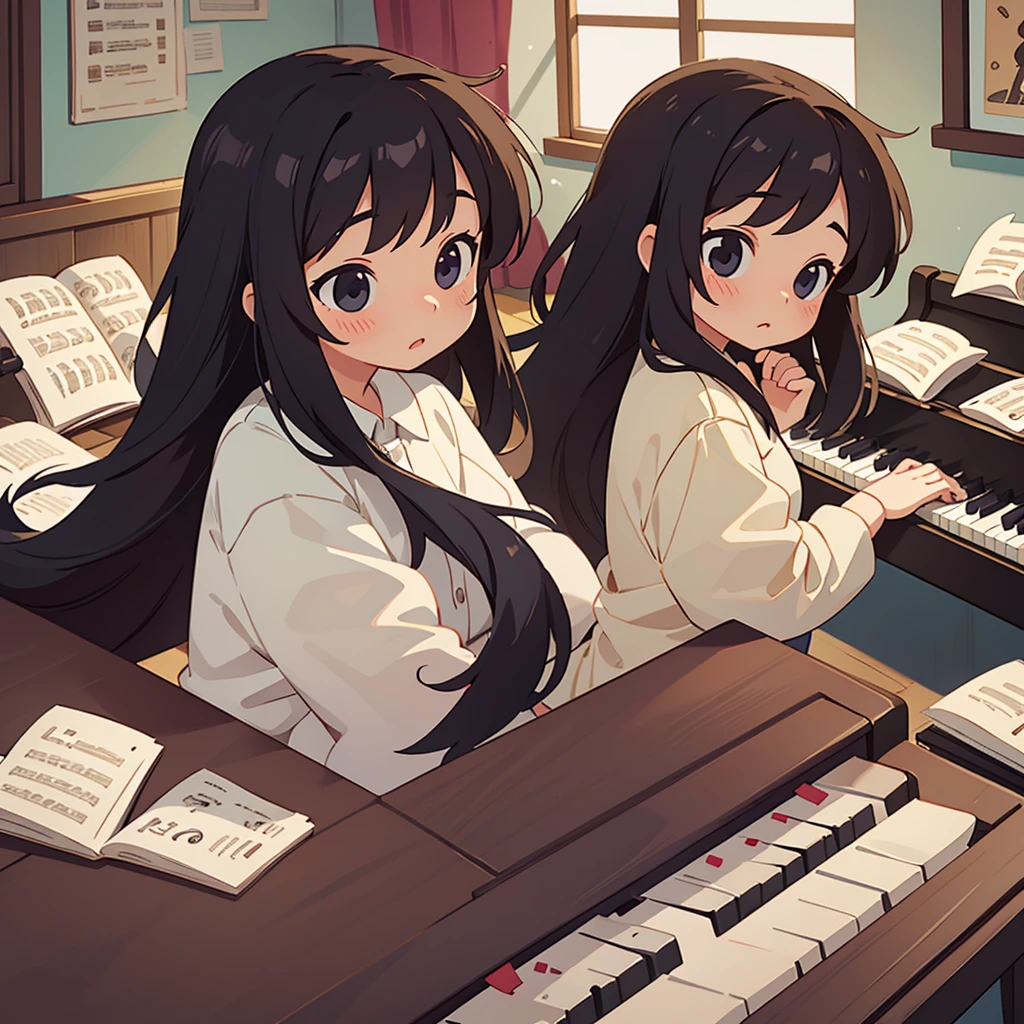 A third-grade elementary school girl practicing piano in her room. The girl has long hair. The girl has black hair. The girl is sitting on a chair and playing the piano. The girl is playing the piano happily. The piano keys are carefully and meticulously generated.