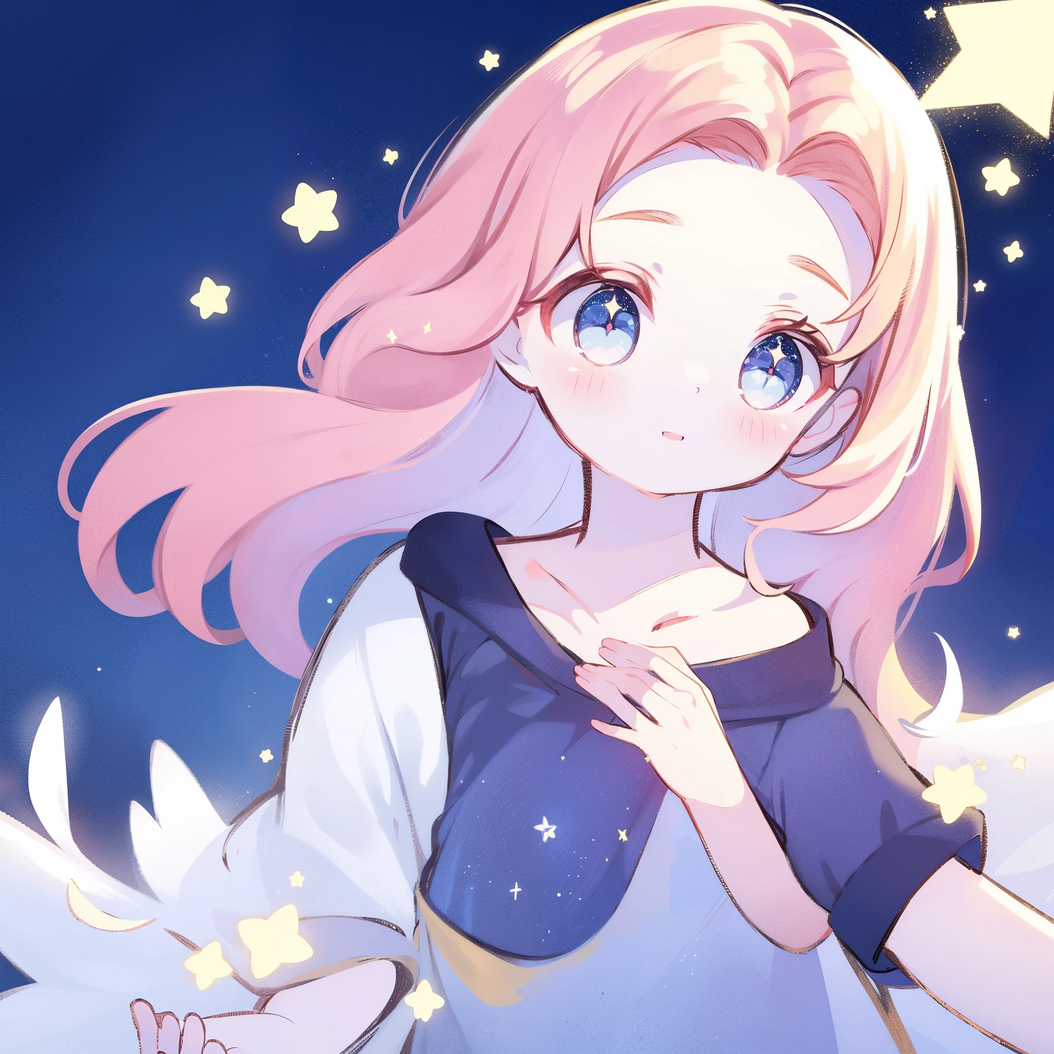 angel girl wearing an ethereal translucent dress, pale skin and light pink hair, white feathers, angel wings, sparkling detailed eyes, golden ratio face, perfect composition, highly detailed, ethereal, (starry night sky background), midjourney style
