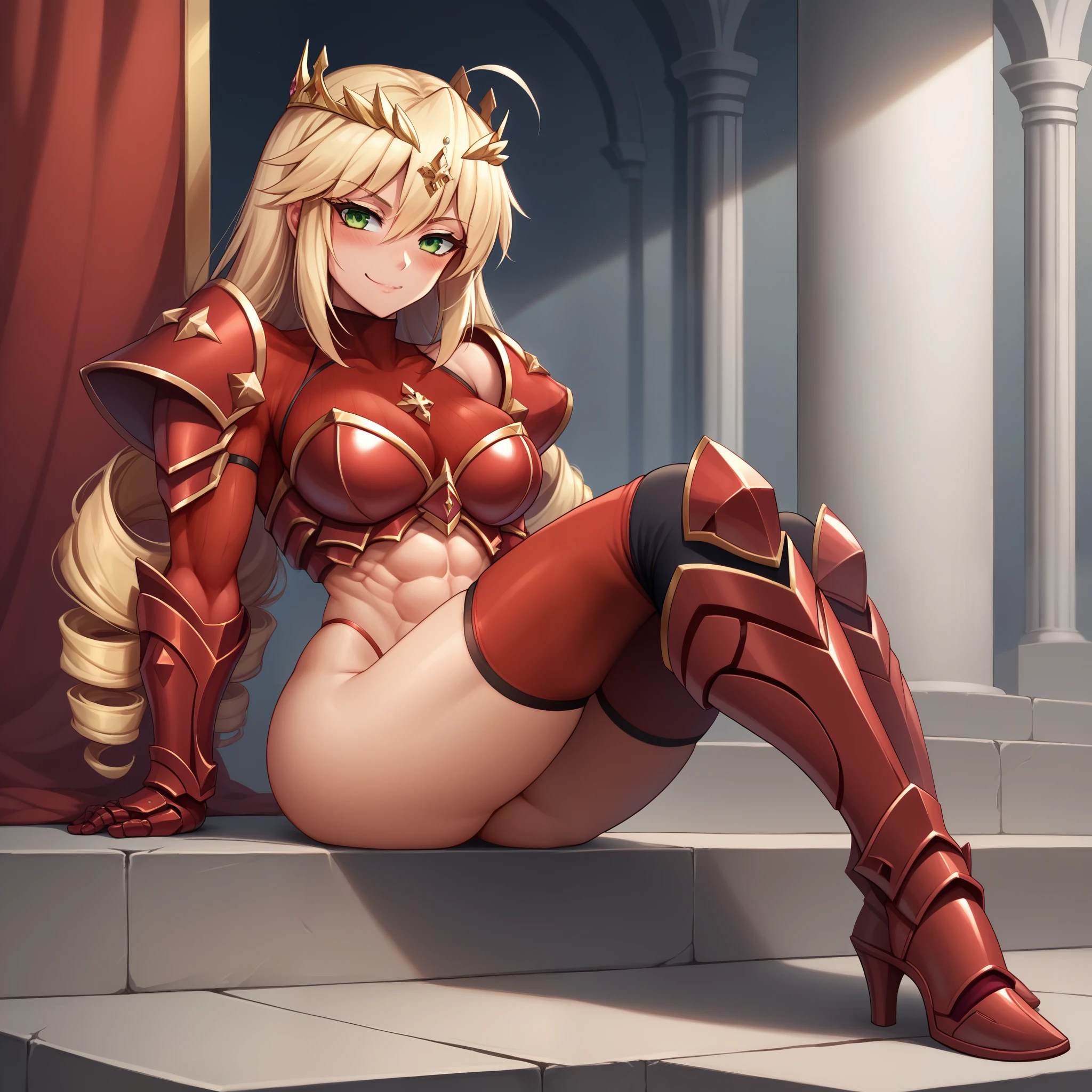 Lancer Artoria, elegant adult female, blonde, green eyes (yellow eyelashes) crown, turtleneck, full body sitting on a bench, showing ass to me, RED breastplate, RED skin (1SologirlRED skin:1.2), looking at viewer, shiny, armor, thigh highs, high boots, pauldrons shoulder armor, faulds, poleyn, RED gloves gauntlets, rerebrace, RED military armored boots, yordle muscular lean platinum blonde long twin tails hairstyle at the bedroom lustful smirking smile face red blushed, blush, strong abs, female body builder, tiara, twin drills hair, (masterpiece, best quality, ultra detailed, best shadow)