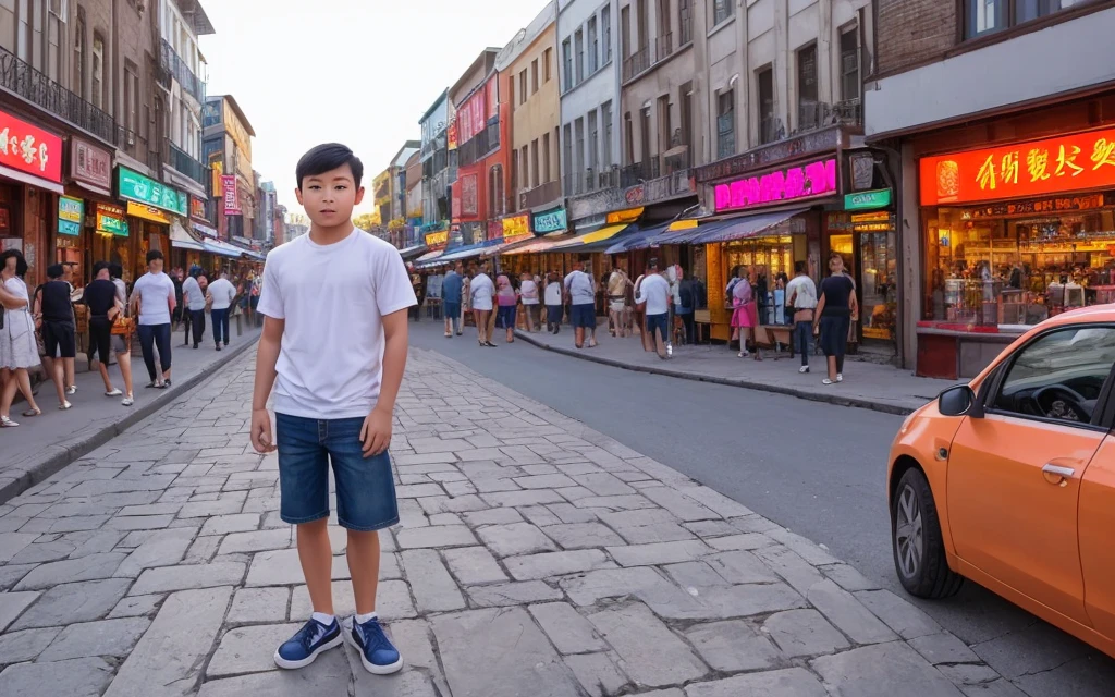 In the midst of a city at dusk, a young Chinese boy stands on a cobblestone street, bathed in the warm, orange glow of the setting sun. The sky behind him is painted with hues of pink and orange, casting a dreamlike filter over the scene.

His hair is straight and natural, with bangs softly brushed by a gentle breeze. His face is youthful and clean-shaven, exuding an innocent charm. He wears a simple white T-shirt that clings to his muscular frame, highlighting his well-defined pecs and strong muscles. His hands rest casually in the pockets of his jeans, conveying a relaxed and confident demeanor.

Behind him, the lively street is lined with shops and neon lights that twinkle in various colors. People hustle and bustle, but he seems detached from the commotion. His gaze is soft and contemplative, fixed on the distant horizon, as if lost in thought. A faint smile plays on his lips, though his eyes reveal a hint of sadness and nostalgia.