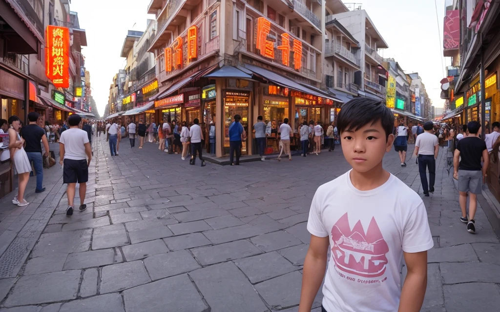 In the midst of a city at dusk, a young Chinese boy stands on a cobblestone street, bathed in the warm, orange glow of the setting sun. The sky behind him is painted with hues of pink and orange, casting a dreamlike filter over the scene.

His hair is straight and natural, with bangs softly brushed by a gentle breeze. His face is youthful and clean-shaven, exuding an innocent charm. He wears a simple white T-shirt that clings to his muscular frame, highlighting his well-defined pecs and strong muscles. His hands rest casually in the pockets of his jeans, conveying a relaxed and confident demeanor.

Behind him, the lively street is lined with shops and neon lights that twinkle in various colors. People hustle and bustle, but he seems detached from the commotion. His gaze is soft and contemplative, fixed on the distant horizon, as if lost in thought. A faint smile plays on his lips, though his eyes reveal a hint of sadness and nostalgia.