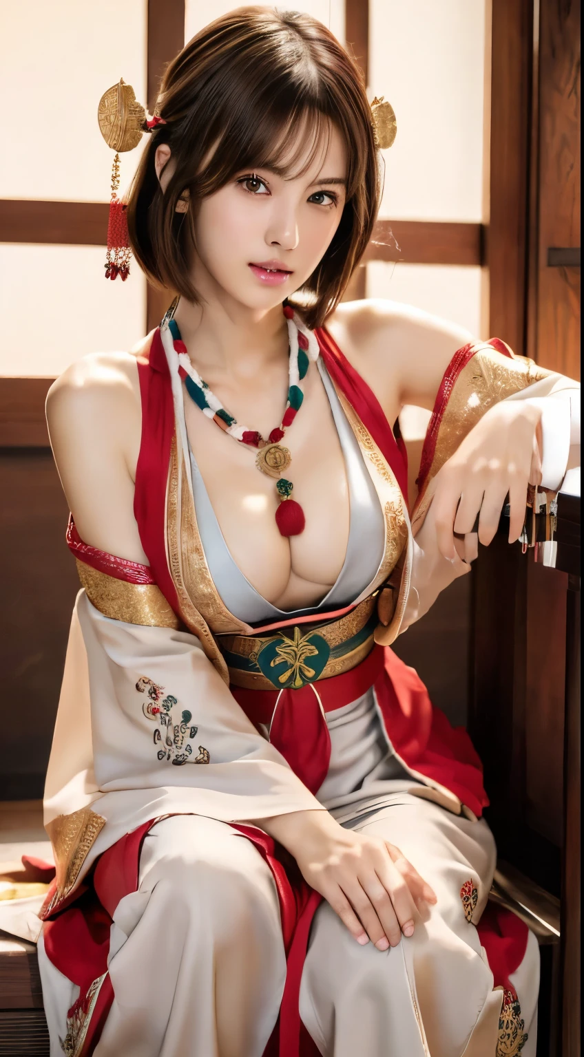 (masterpiece:1.3), (8K, Realistic, RAW Photos, Best image quality: 1.4), Japanese, (1 Girl), Beautiful Face, (sorry), Through clenched teeth、Beautiful Hairstyles, Realistic eyes, Beautiful Eyes, (Realistic Skin),(short hair:1.3) ,Beautiful Skin, charm, Ultra-high resolution, Surreal, (Big Breasts)、Attention to detail,  Detail Makeup,View your viewers、(short hair)、((Amulets for sale at the luxurious shrine shop))、Shaved pubic hair、((Full body portrait))、Domestic、Cleavage、Shrine Maiden Costume、((miko dressing))