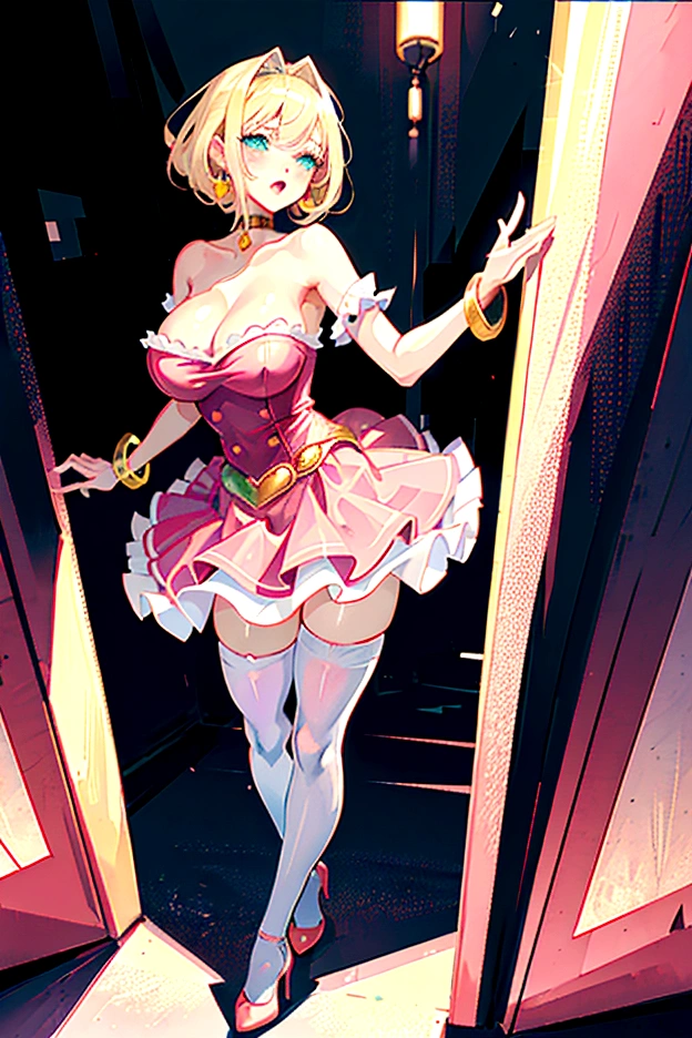 (masterpiece), best quality, expressive eyes, perfect face, Sexy female, (((bimbo))), blonde hair, green eyes, huge fake breasts, huge butt, full body, (1girl), (fabulous pink dress), gold bracelets, pink choker, gold hoop earrings, pink high heels, (pink bedroom background), plump lips, pink lipstick, spoiled, smartphone, makeup, spoiled rotten, sex toy, white stockings